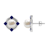 Rosec Jewels freshwater pearl and blue sapphire modern stud earrings, featuring elegant pearl and sapphire accents.