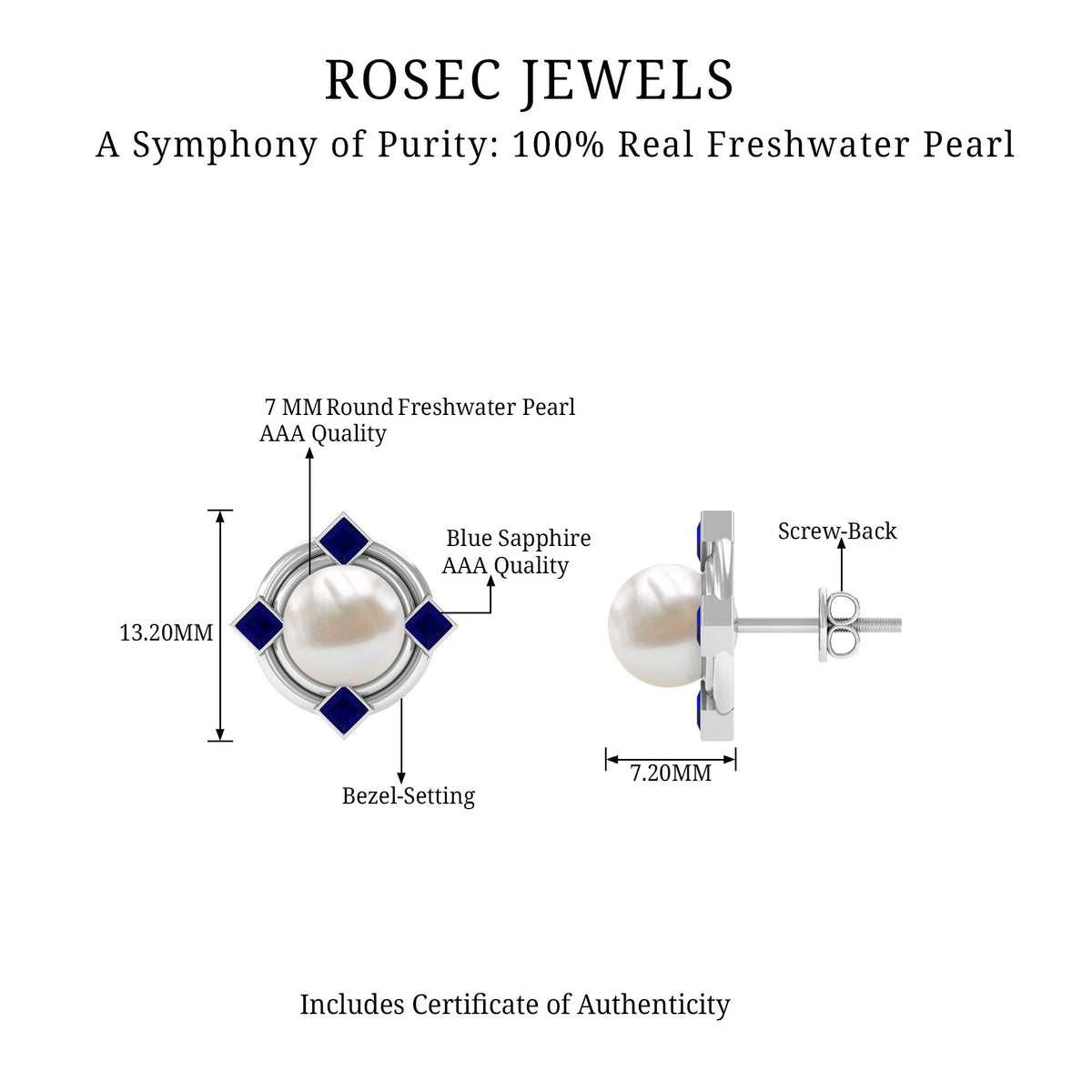 Freshwater pearl and blue sapphire modern stud earrings by Rosec Jewels, featuring elegant pearl and sapphire gemstone details.