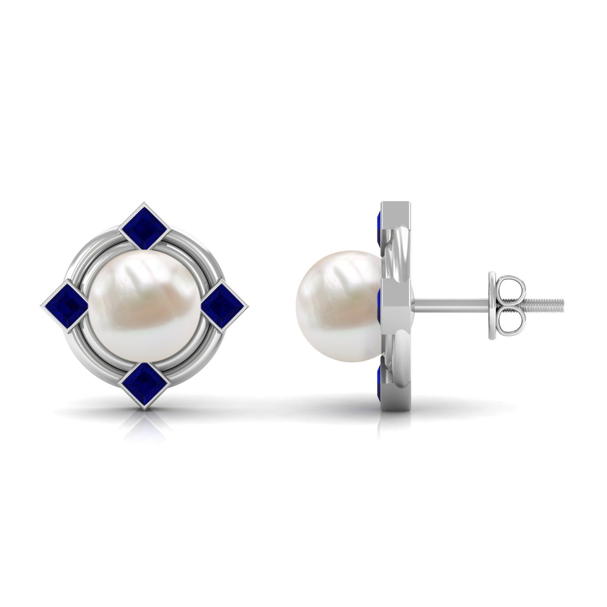 Real freshwater pearl and blue sapphire modern stud earrings by Rosec Jewels, featuring elegant pearl and sapphire accents.