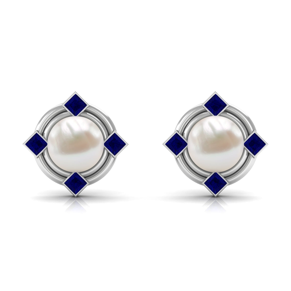 Freshwater pearl and blue sapphire modern stud earrings by Rosec Jewels featuring elegant, round pearl and vibrant sapphire stones.
