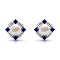 Freshwater pearl and blue sapphire modern stud earrings by Rosec Jewels featuring elegant, round pearl and vibrant sapphire stones.