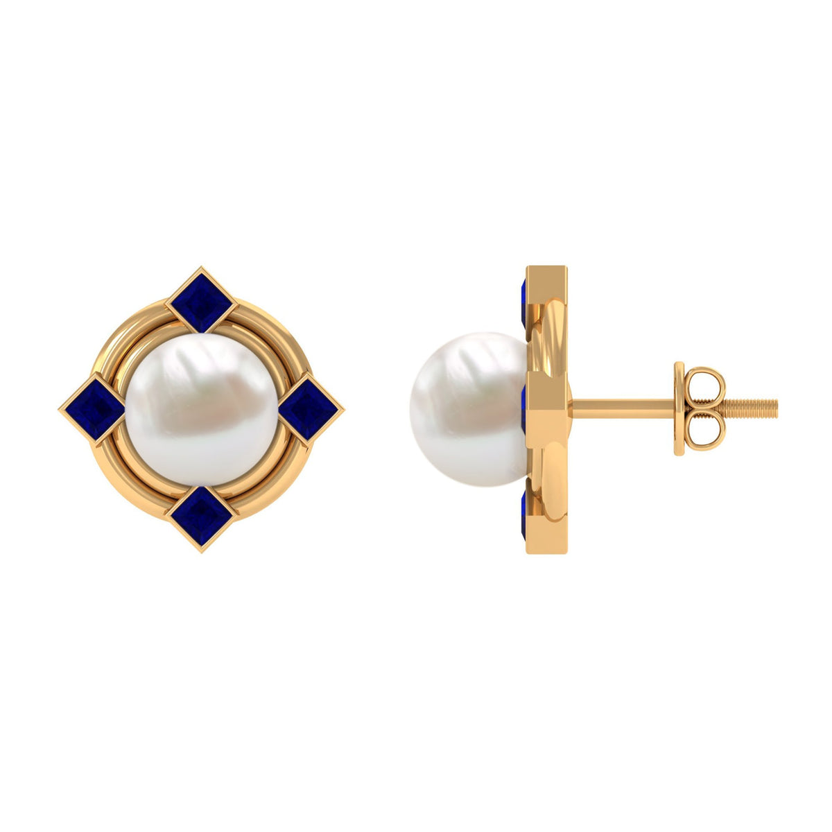 Freshwater pearl and blue sapphire modern stud earrings by Rosec Jewels, featuring elegant pearl and sapphire accents.