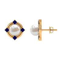 Freshwater pearl and blue sapphire modern stud earrings by Rosec Jewels, featuring elegant pearl and sapphire accents.