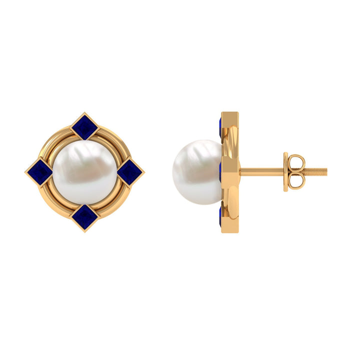 Freshwater pearl and blue sapphire modern stud earrings by Rosec Jewels, featuring elegant pearl and sapphire accents.