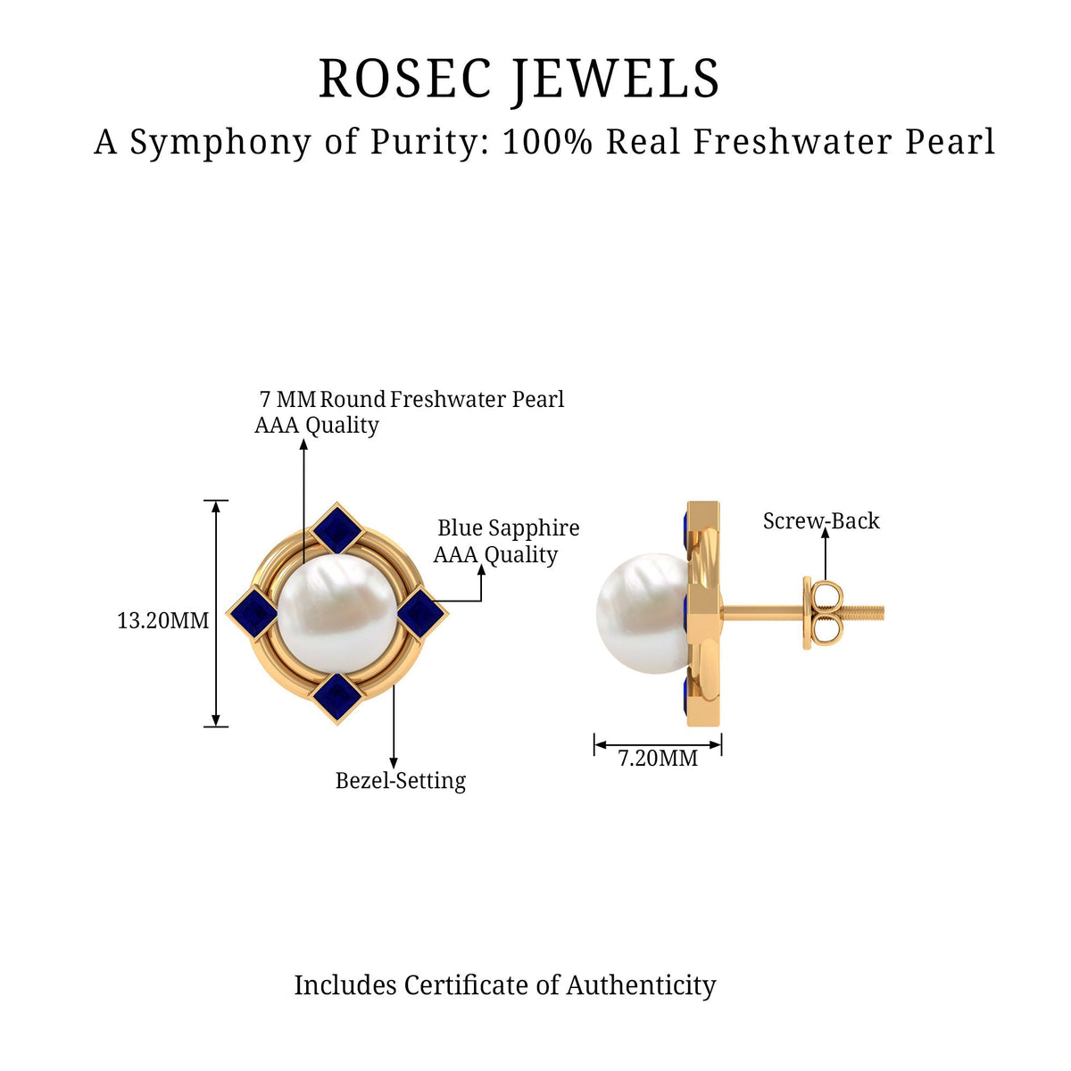 Freshwater pearl and blue sapphire modern stud earrings by Rosec Jewels, featuring elegant pearl and sapphire accents.