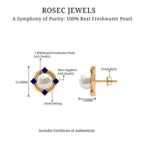 Freshwater pearl and blue sapphire modern stud earrings by Rosec Jewels, featuring elegant pearl and sapphire accents.