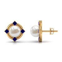 Freshwater pearl and blue sapphire modern stud earrings by Rosec Jewels featuring elegant pearl and sapphire accents.