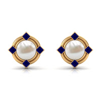 Real freshwater pearl and blue sapphire modern stud earrings by Rosec Jewels, featuring elegant pearl and sapphire accents.