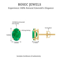Oval shape emerald stud earrings for women featuring 1.43 carats, crafted by Rosec Jewels, elegant jewelry accessory.