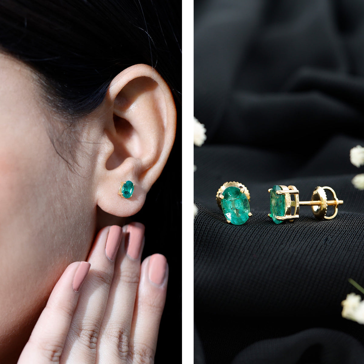 Oval shape emerald stud earrings for women by Rosec Jewels, featuring 1.43 carats of vibrant green gemstones.