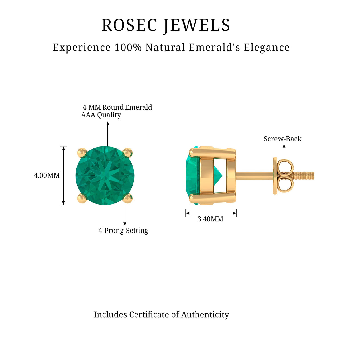 Round cut 5 mm real emerald stud earrings by Rosec Jewels with sparkling green gemstones on sterling silver settings.