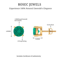 Round cut 5 mm real emerald stud earrings by Rosec Jewels with sparkling green gemstones on sterling silver settings.