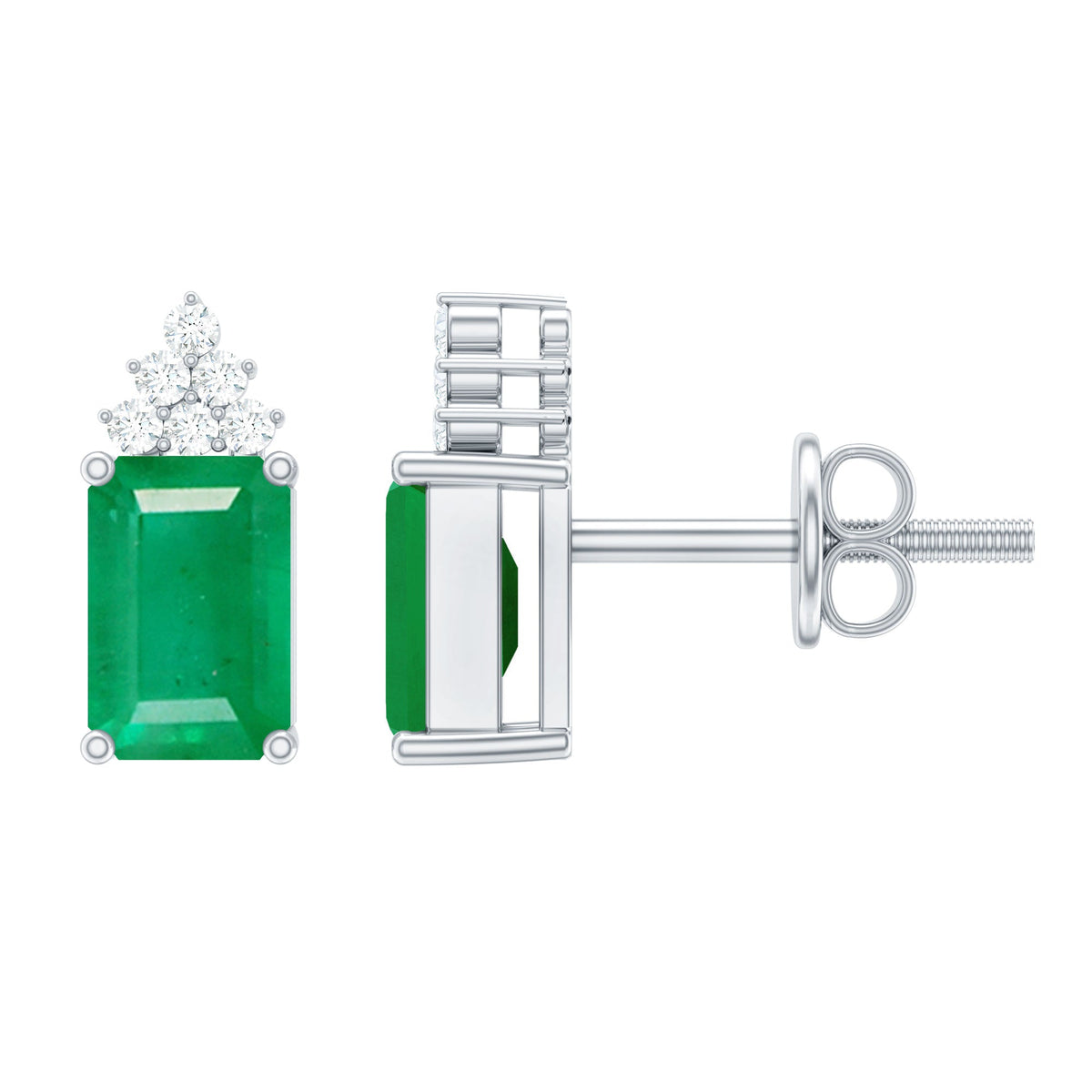 Genuine 1.32 Carat emerald cut emerald stud earrings with diamond cluster by Rosec Jewels, featuring sparkling green gemstones and diamond accents.