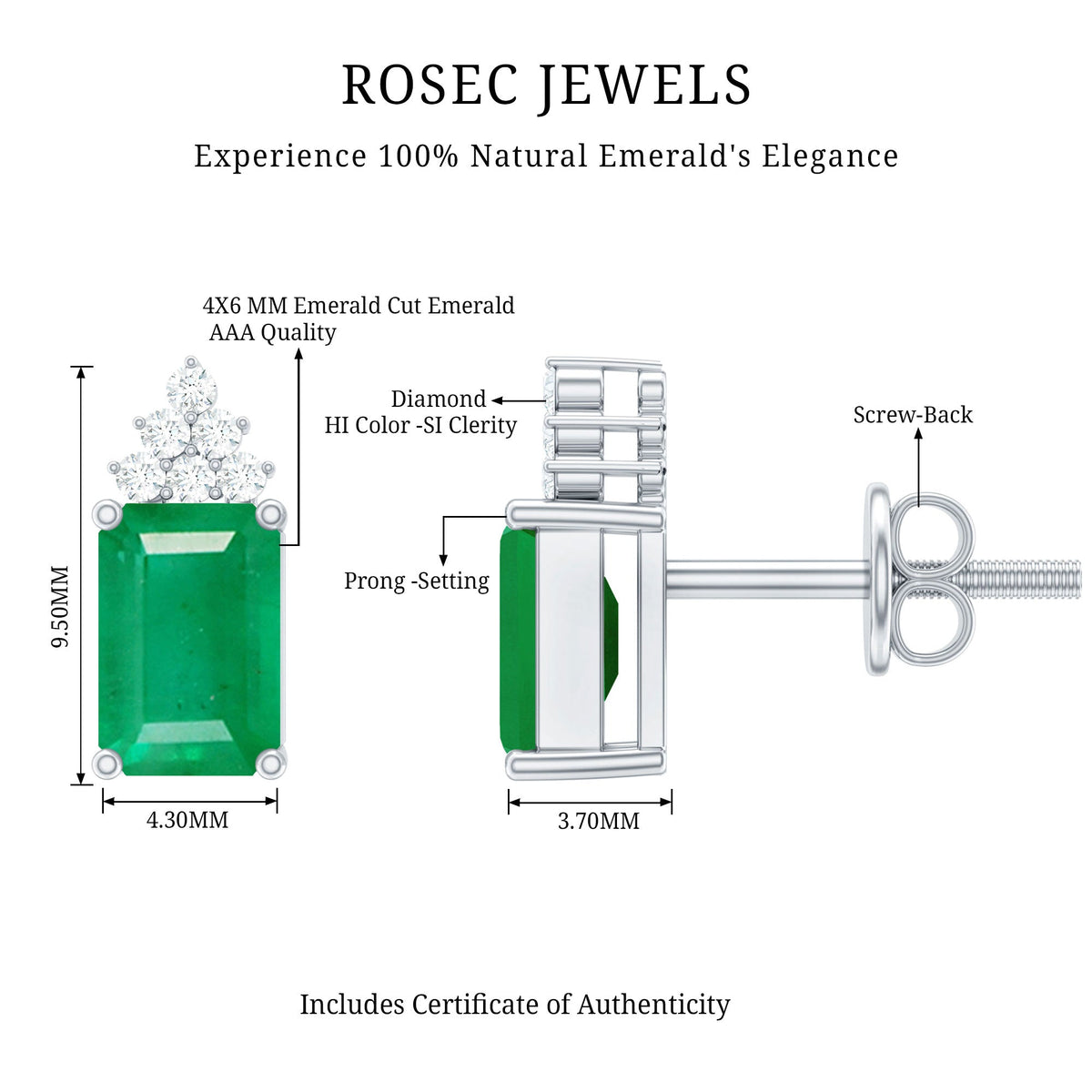 Genuine 1.32 carat emerald cut emerald stud earrings with diamond cluster by Rosec Jewels, showcasing elegant green gemstones and sparkle.