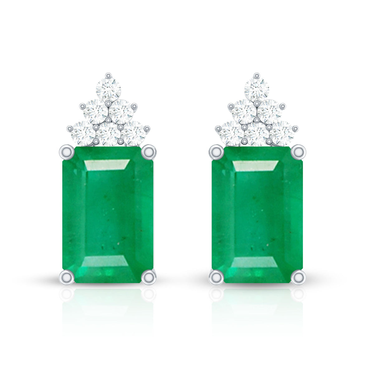 Genuine 1.32 Carat emerald cut emerald stud earrings with diamond cluster by Rosec Jewels, showcasing sparkling green gemstones and elegant design.