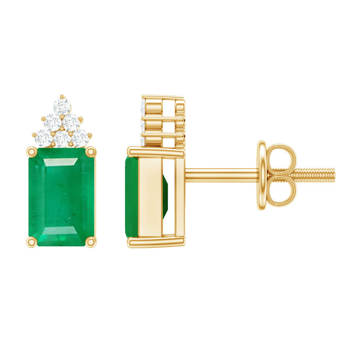 Genuine 1.32 Carat Emerald Cut Emerald Stud Earrings with Diamond Cluster by Rosec Jewels, showcasing elegant gemstone and diamond design.