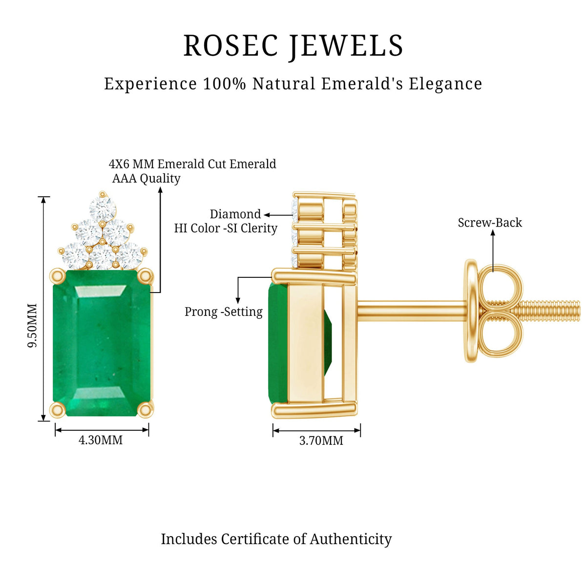Genuine 1.32 carat emerald cut emerald stud earrings with diamond cluster from Rosec Jewels, showcasing elegant jewelry design.