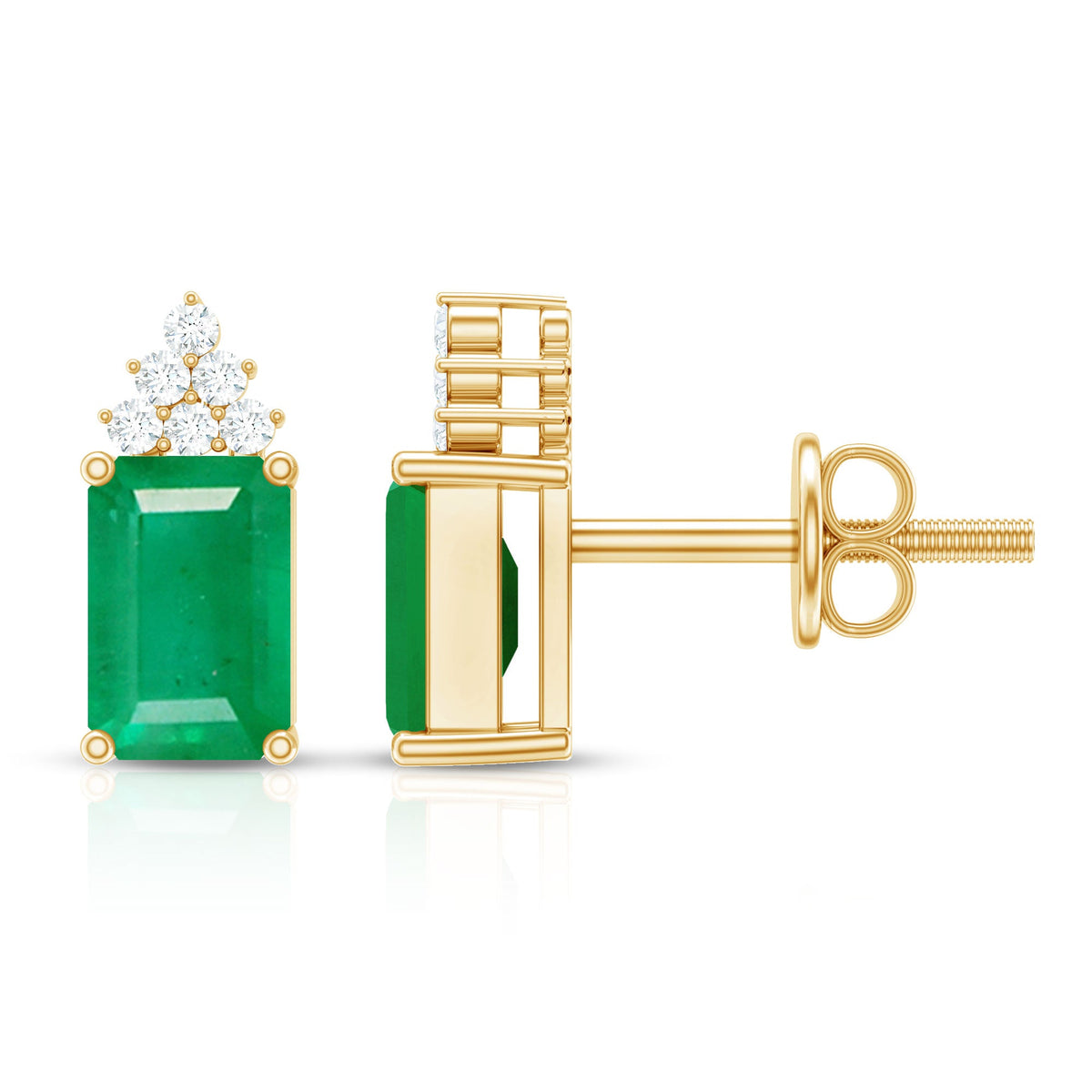 Genuine 1.32 carat emerald cut emerald stud earrings with diamond cluster from Rosec Jewels, showcasing elegant green gemstones and sparkle.