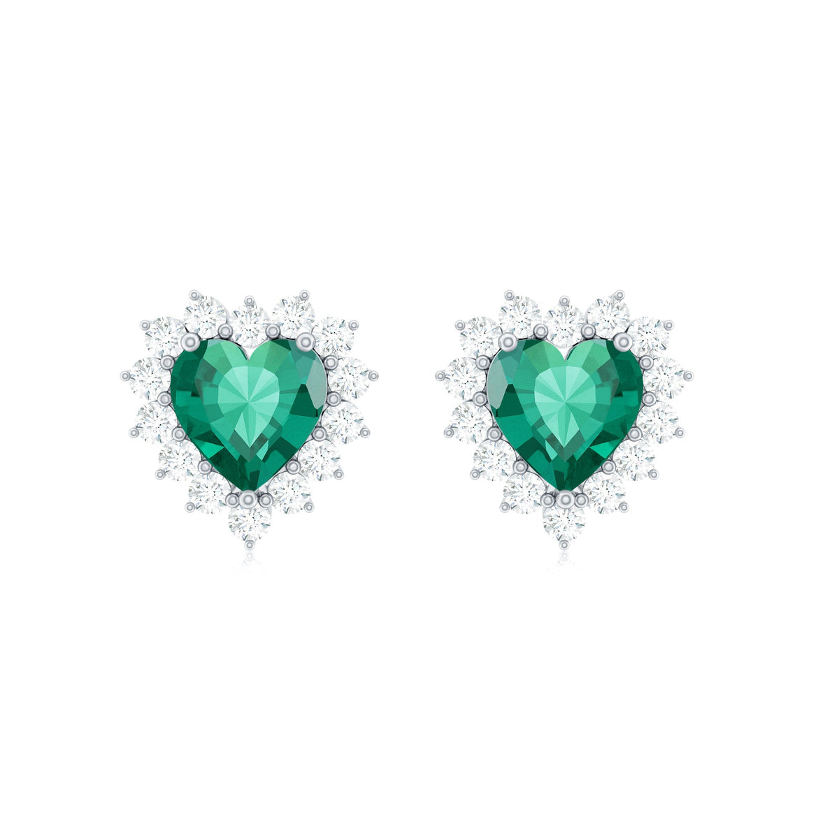Heart Shaped Lab Created Emerald and Diamond Halo Stud Earrings