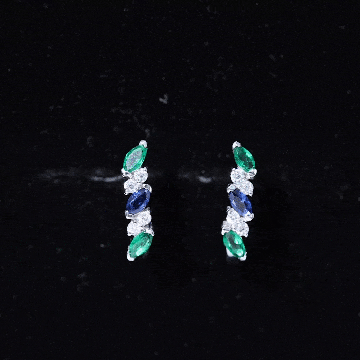 Sterling silver hoop earrings with lab-grown emerald and sapphire gemstones, crafted by Rosec Jewels