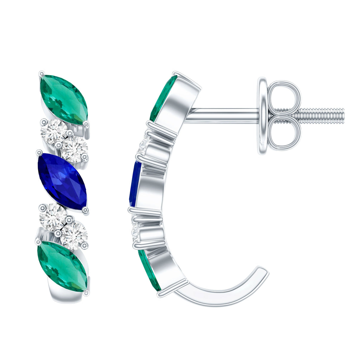 Certified Lab Grown Emerald and Sapphire Hoop Earrings in Sterling Silver