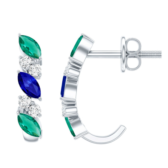 Sterling silver hoop earrings with lab-grown emerald and sapphire gemstones by Rosec Jewels, showcasing vibrant green and blue hues.