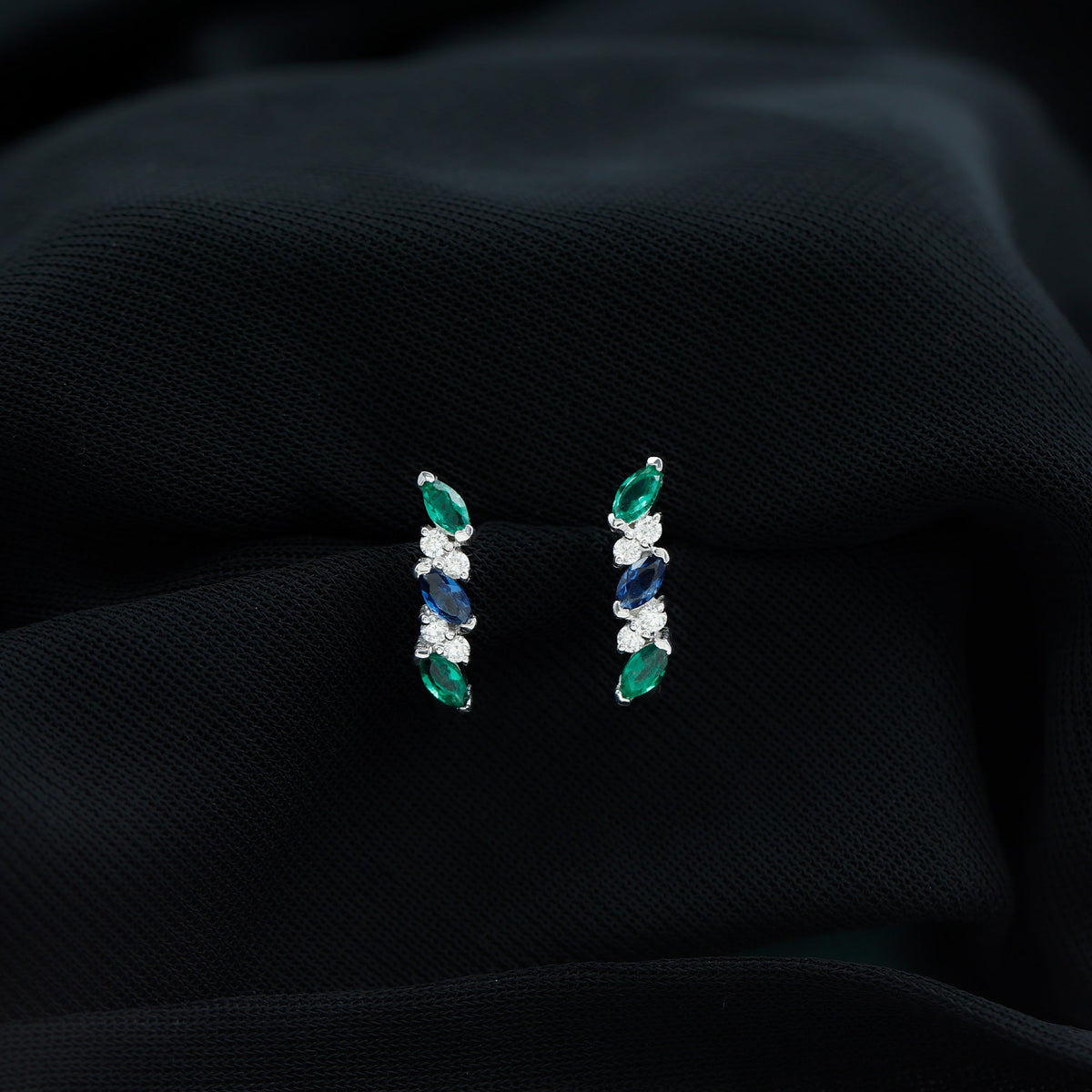 Certified Lab Grown Emerald and Sapphire Hoop Earrings in Sterling Silver