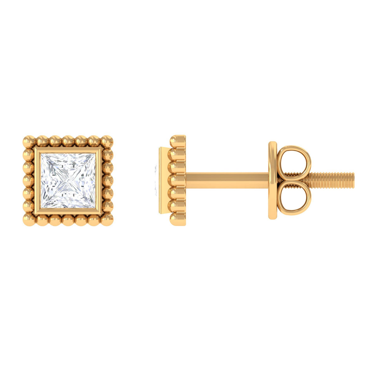 1/4 CT Real Diamond Solitaire Gold Beaded Stud Earrings