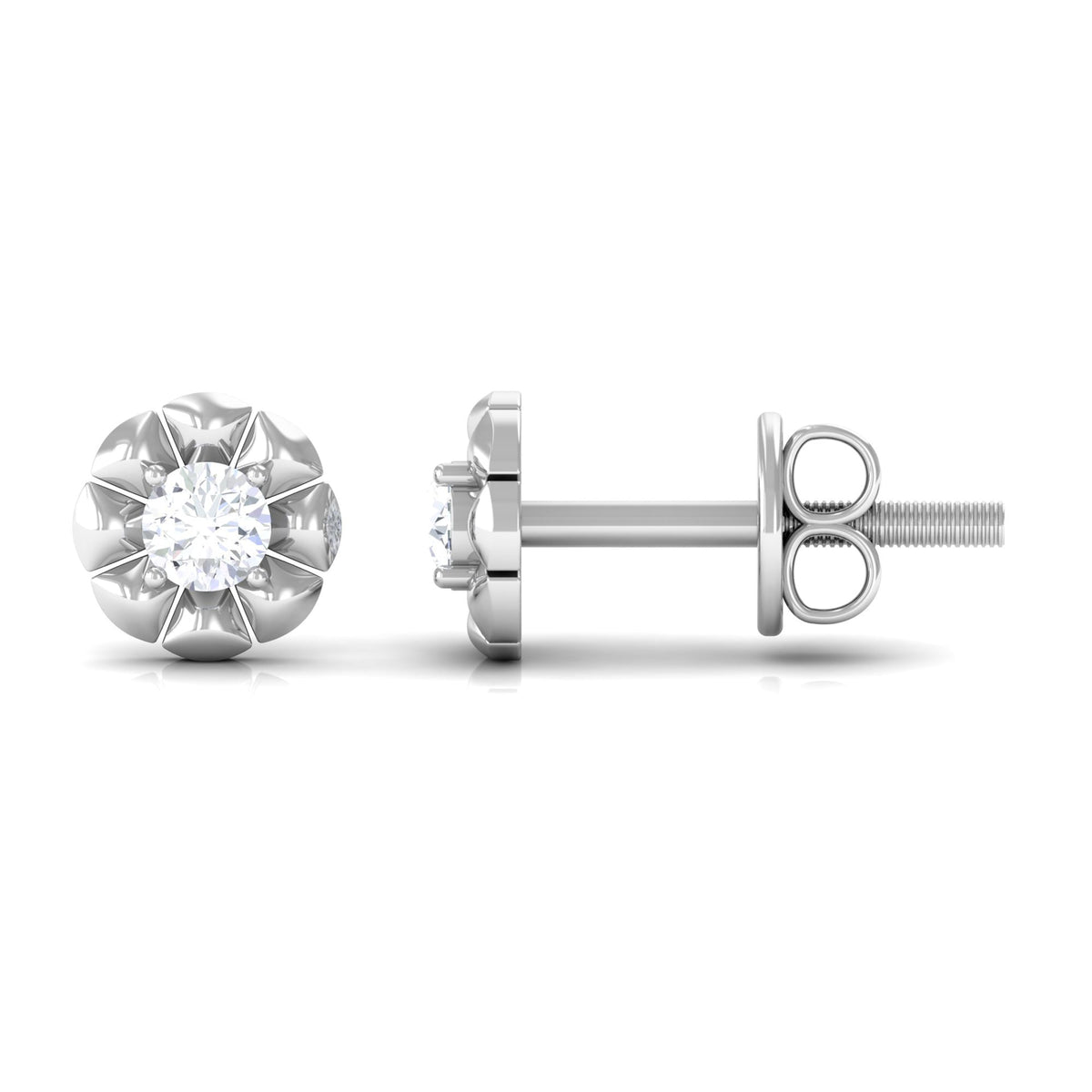 Natural Diamond Cute Flower Stud Earrings with Screw Back