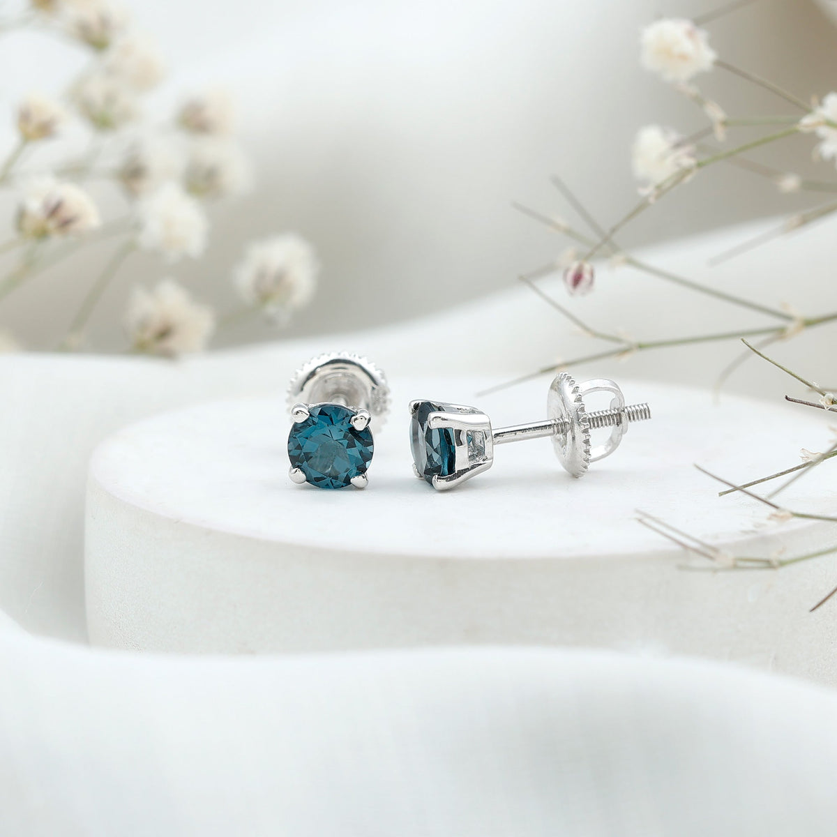 Real London Blue Topaz Solitaire Stud Earrings in Silver