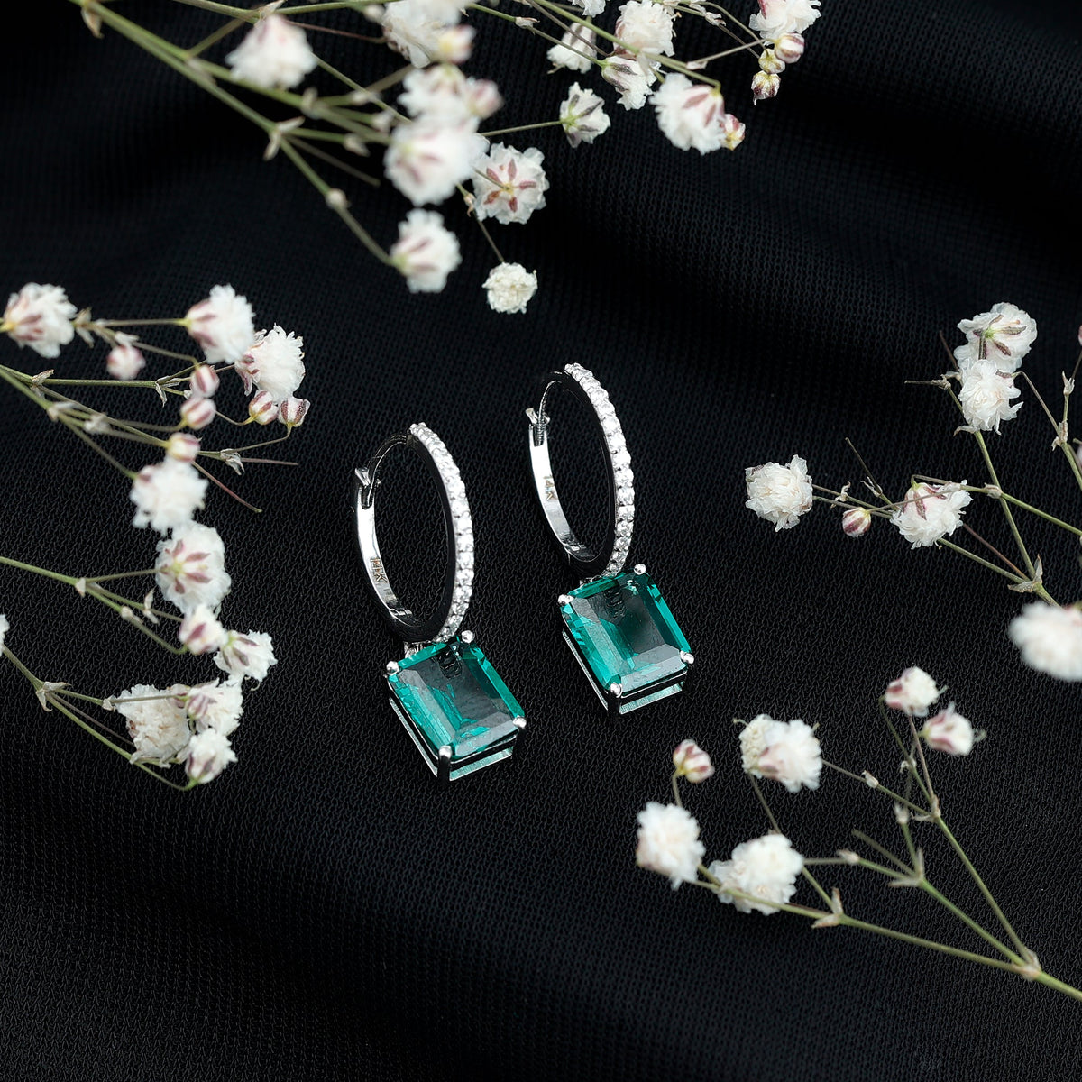 Certified 4.6 Carat Lab Created Emerald Hoop Drop Earrings in Silver
