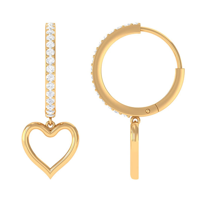 Certified moissanite heart drop hoop earrings for women featuring sparkling heart-shaped stones in elegant hoop design by Rosec Jewels.