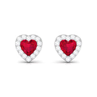 Heart Shape Lab Grown Ruby Halo Stud Earrings with Diamond