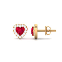 Heart Shape Lab Grown Ruby Halo Stud Earrings with Diamond