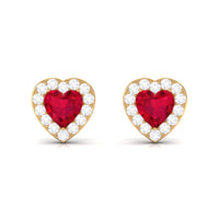 Heart Shape Lab Grown Ruby Halo Stud Earrings with Diamond