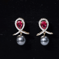 Tahitian Black Pearl Drop Earrings with Lab Grown Ruby