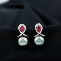 Tahitian Black Pearl Drop Earrings with Lab Grown Ruby