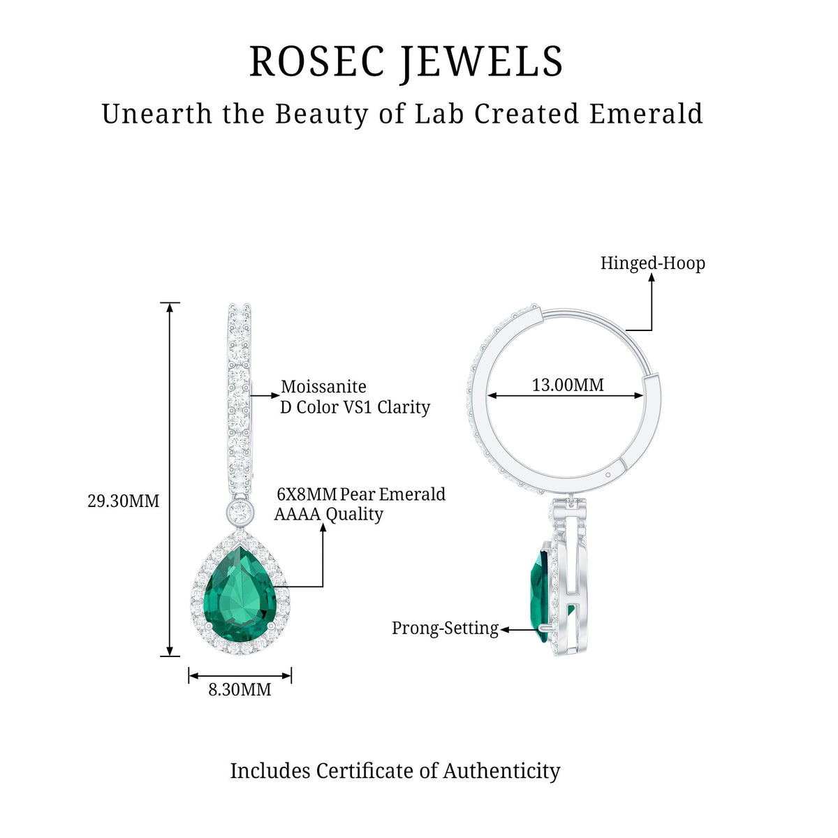 2 Carat Lab Created Emerald Teardrop Hoop Earrings with Moissanite