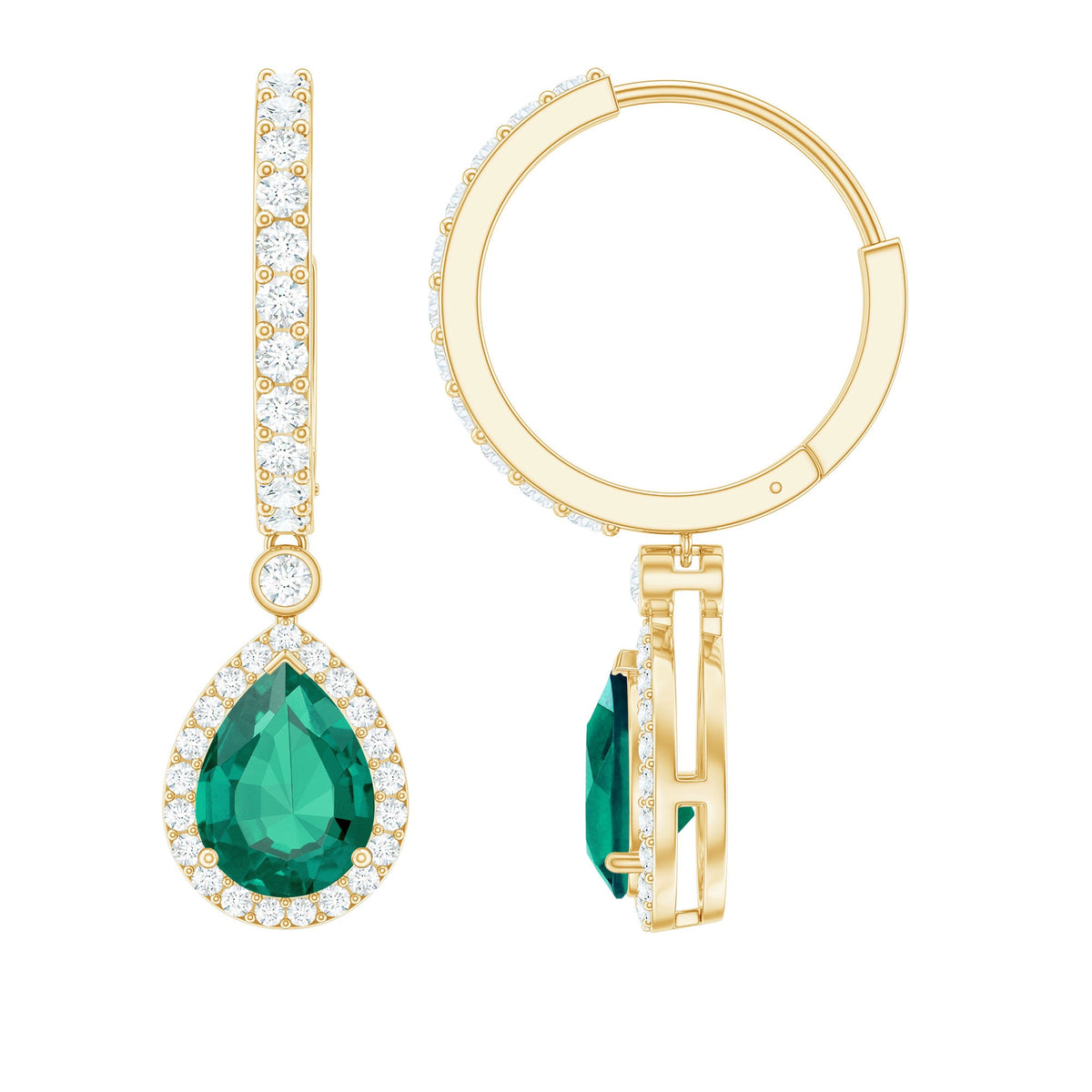 2 Carat Lab Created Emerald Teardrop Hoop Earrings with Moissanite