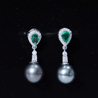 Vintage Looking Black Pearl Dangle Earrings with Emerald and Diamond