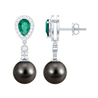 Vintage Looking Black Pearl Dangle Earrings with Emerald and Diamond