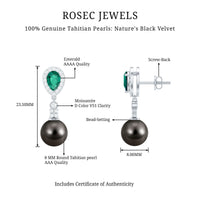 Vintage Looking Black Pearl Dangle Earrings with Emerald and Diamond