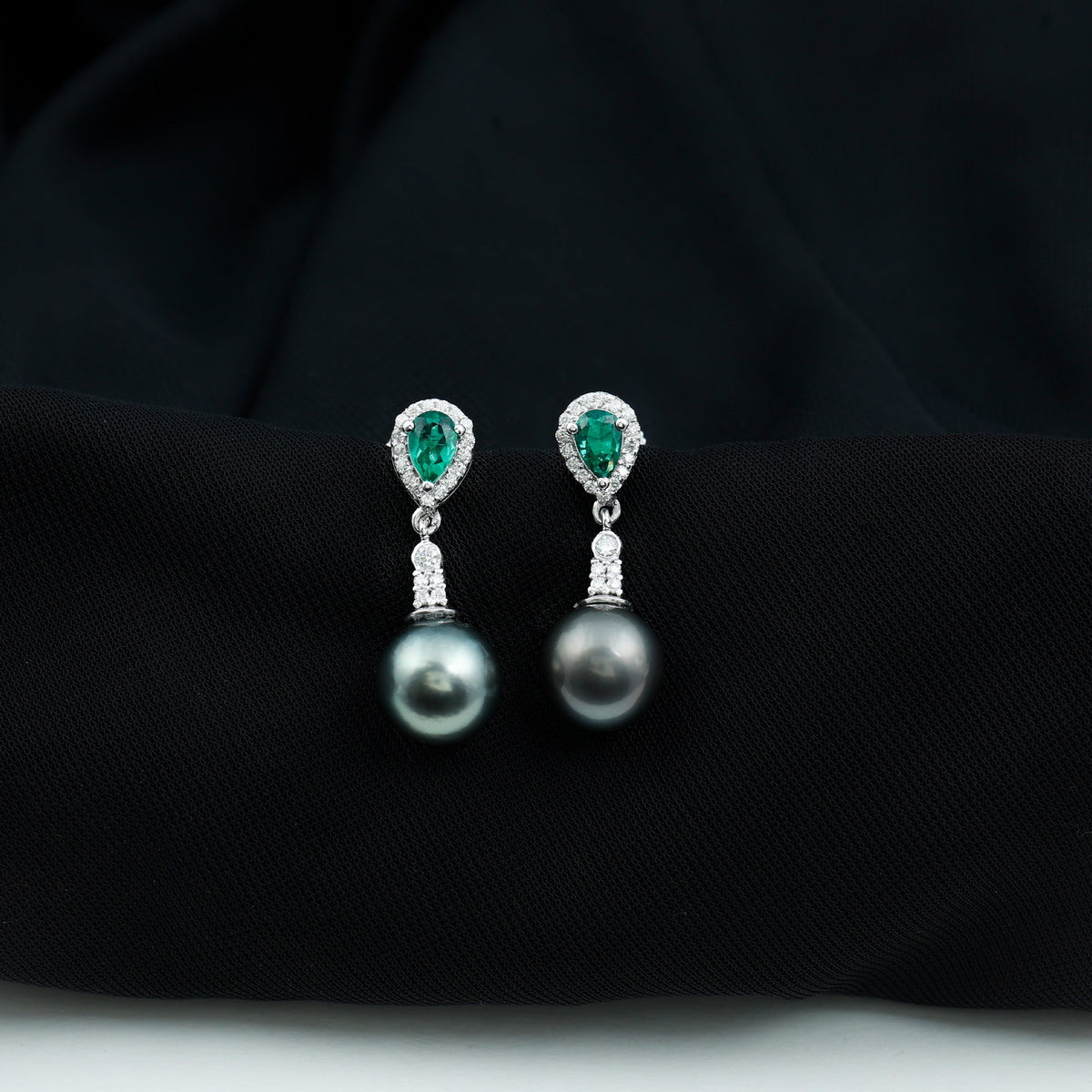 Vintage Looking Black Pearl Dangle Earrings with Emerald and Diamond
