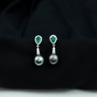 Vintage Looking Black Pearl Dangle Earrings with Emerald and Diamond