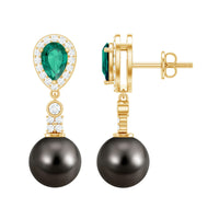 Vintage Looking Black Pearl Dangle Earrings with Emerald and Diamond