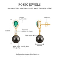 Vintage Looking Black Pearl Dangle Earrings with Emerald and Diamond