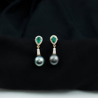 Vintage Looking Black Pearl Dangle Earrings with Emerald and Diamond