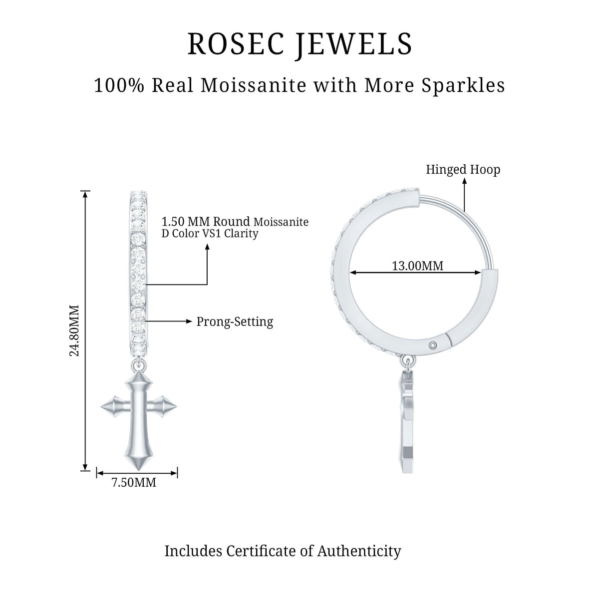 Certified Moissanite Cross Drop Earrings