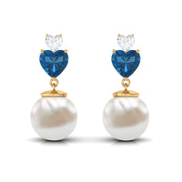 Freshwater Pearl Heart Stud Drop Earrings with London Blue Topaz and Moissanite