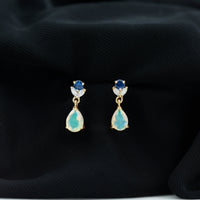 1.4 Carat Ethiopian Opal Teardrop Earrings with Lab Blue Sapphire